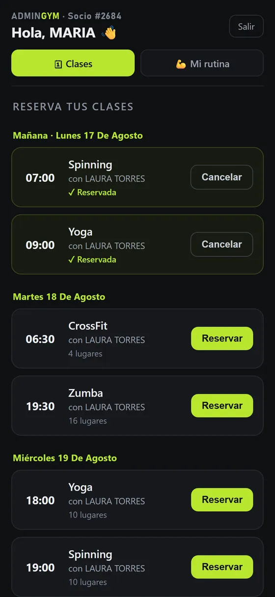 Portal del socio en un celular: la agenda de clases de los próximos días, con Spinning y Yoga ya reservados y botón para cancelar, y el resto con los lugares disponibles y botón Reservar.