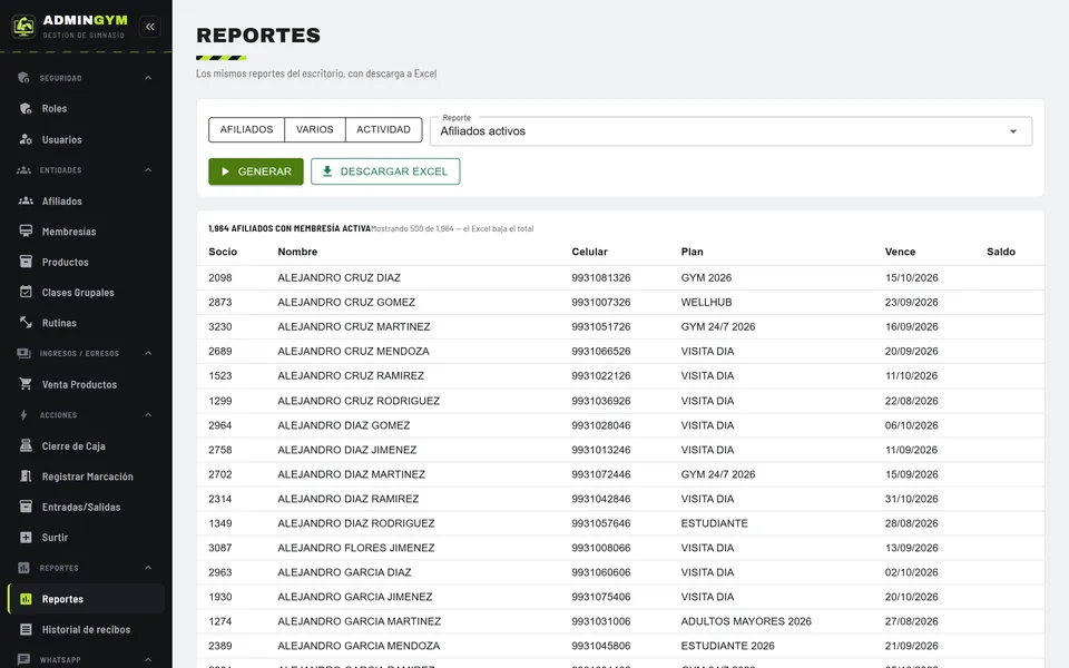 Pantalla de reportes del panel web de AdminGYM, con el catálogo de reportes y el filtro de fechas.